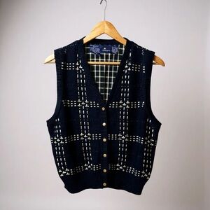 Vintage 90’s Liz Sport Navy Plaid Knit Vest Medium/ Navy Preppy Y2K